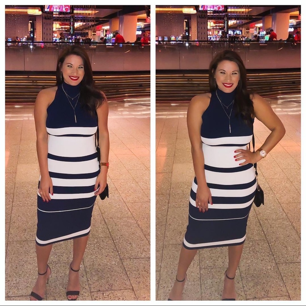 Hot Miami styles/ dark blue and white midi dress / Size: L